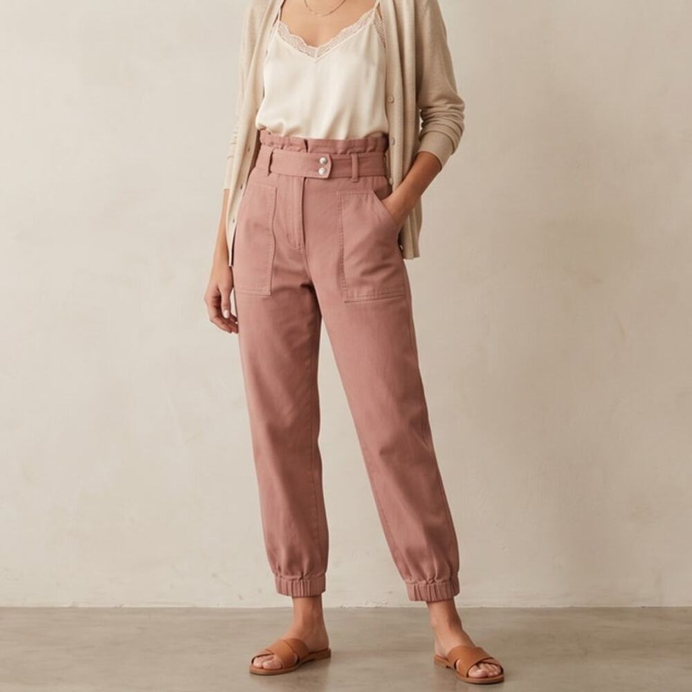 Magali Pascal Pink High Waisted Utility Jogger Pants Paperbag Waist Cotton S